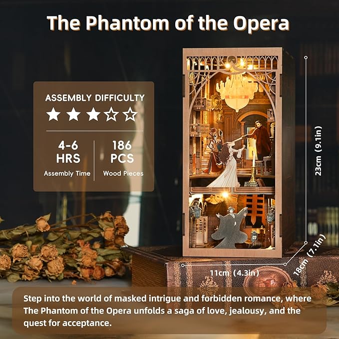 DIY Book Nook Kit for Adults, 3D Wooden Puzzle Bookend Bookshelf Insert Decor with LED Light and Dust Cover (Phantom of The Opera)