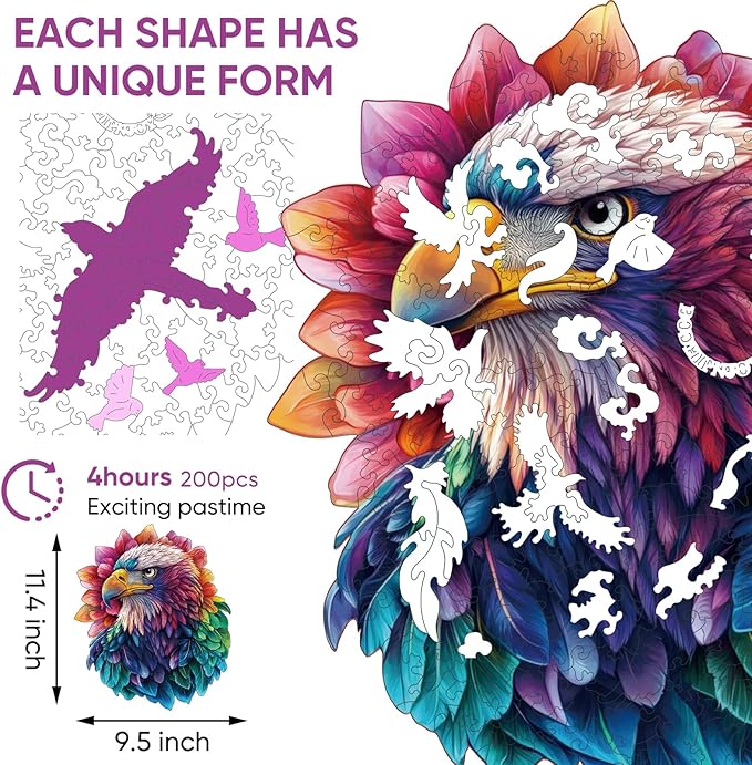 Wooden Puzzles for Adults-Magical Eagle Jigsaw Puzzles, 200 Pieces, 9.5x11.4 Inch,Unique Shape Adult Puzzles,Irregular Wood Puzzles Family Game Gift for Adults and Kids