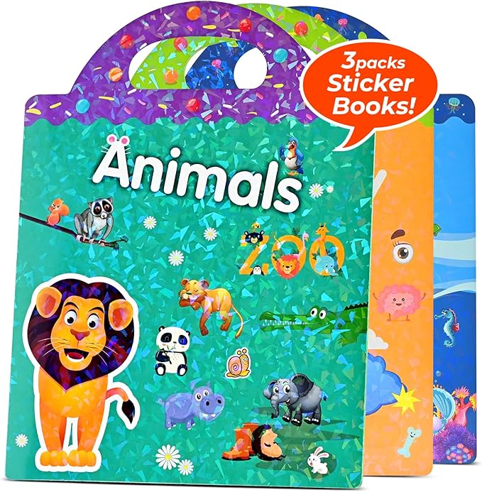 Reusable Sticker Books for Kids, Road Trip Activities for Kids, Toddler Travel Toys Sensory Crafts Gifts, Halloween Toddler Boo Basket Stuffers- Animals, Ocean Animals and Body
