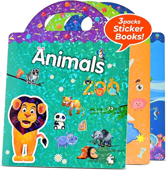 Reusable Sticker Books for Kids, Road Trip Activities for Kids, Toddler Travel Toys Sensory Crafts Gifts, Halloween Toddler Boo Basket Stuffers- Animals, Ocean Animals and Body