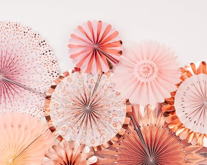 PapaKit Origami Wall Decoration Set (8 Assorted Round Paper Fans) Birthday Party Baby Shower Wedding Events Decor | Creative Art Design Pattern (Lustrous Pink Coral with Metallic Rose Gold)