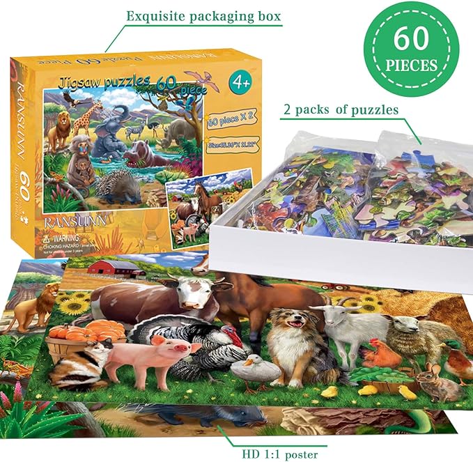 Puzzles for Kids Ages 4-8 Year Old - Farm & Wild Animal,2 Packs 60 Pieces Jigsaw Puzzle for Toddler Children Learning Educational Puzzles Toys for Boys and Girls.