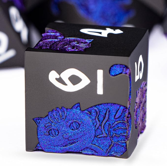 Metal DND Cat Dice 7PCS Polyhedral RPG Dice Set with Gift Case for Dungeons Dragons Role Playing Game, D and D Dice D6 D8 D10 D12 D20 D% (Blue Purple)