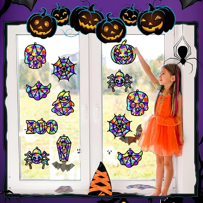 32 Sets Halloween Suncatchers Craft Kit DIY Window Stained Glass Effect Ghost Spider Skull Pumpkin Paper Crafts Home School Classroom Decoration Kid Birthday Gift Creative Art Project Activity Game
