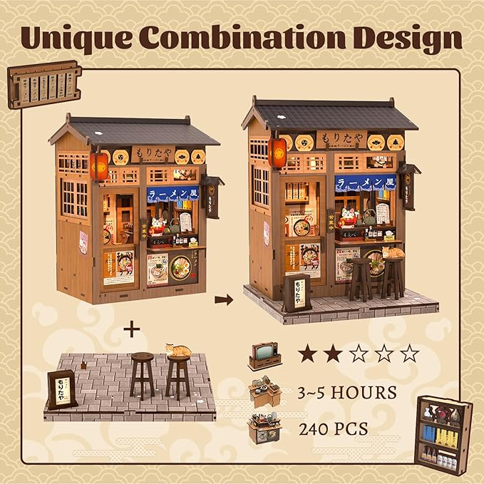 Fsolis Japanese Book Nook Kit - DIY Miniature Scene House Kit, 3D Puzzles for Adults, 220 Wooden Pieces, Tiny House Mini Booknook Craft Shelf Decor, Gifts for Women Model Lovers (Morita-Ya Ramen)