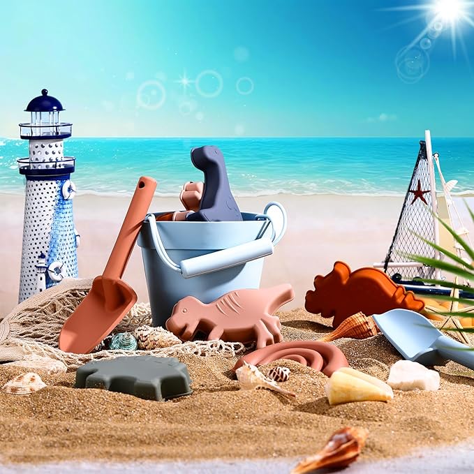 Hungdao 16 Pcs Silicone Beach Toys and 1 Mesh Beach Bag Set Collapsible Sand Toys Travel Sand Box Blue Red Bucket Shovel and 3D Marine Theme Molds for Summer Outdoor (Cute Style)