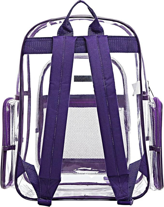 17 Inch Clear PVC Backpack with Purple Trim and 5 Zipper Compartments, Transparent School Bookbag for Boys Girls, Travel or Work Bag for Men Women