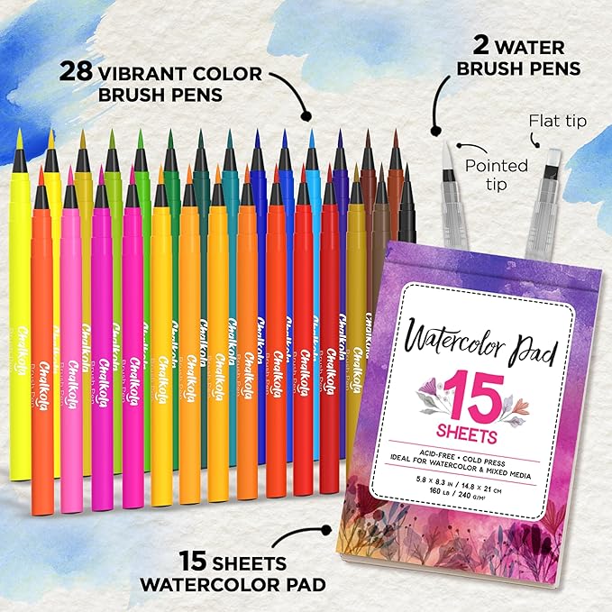 Chalkola Watercolor Brush Pens for Lettering, Coloring, Calligraphy - Set of 28 Watercolor Pens, 15 Painting Pad & 2 Water Color Markers - Drawing Art Supplies for Kids, Adults, Professional Artist