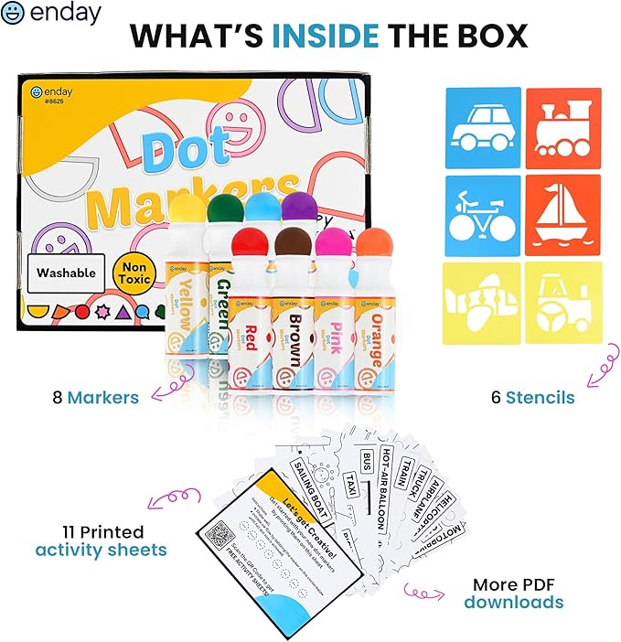 Enday Washable Dot Markers for Toddlers 1-3 - 8 Colors, Activity Sheets and Stencils Included - Bingo Daubers, Dot Art, Dot Markers for Toddlers 2-4 Years, Dot Paint for Toddler Arts and Crafts