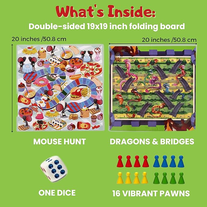 2-in-1 Family Board Game for Kids 5+ | Folding 19x19 Inch Board with 16 Pawns & Dice | Dragons & Bridges + Mouse Cafe | Educational & Fun Travel Game for Kids & Families