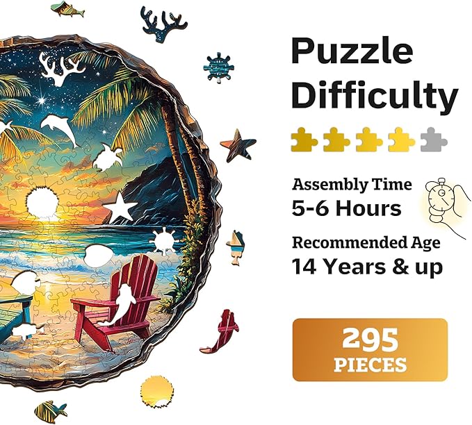 Jigfoxy Wooden Puzzle for Adults, Sunset Beach Wooden Jigsaw Puzzles for Adults, Unique Animal Shape Wood Cut Puzzles for Family Friend Puzzle Lovers(L-13.4 * 13.3in-295pcs)