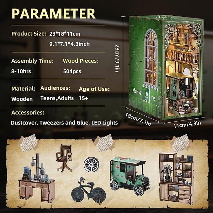 Book Nook Kit, DIY Doll House Booknook, Miniature Kit for Bookshelf Doll Houses for Adults Teen Halloween, 3D Wooden Puzzle Bookends with Led Light and Dust Cover (The Radium Lady)
