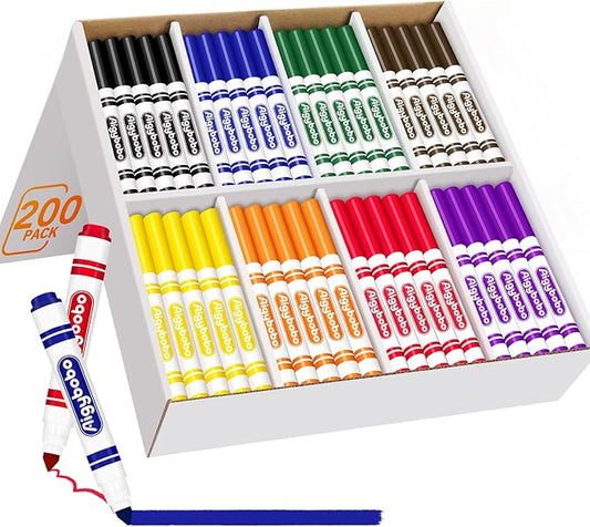 Aigybobo 200 Count Washable Markers - 8 Assorted Colors, Broad Line Markers for School, Classroom Essentials for Teachers