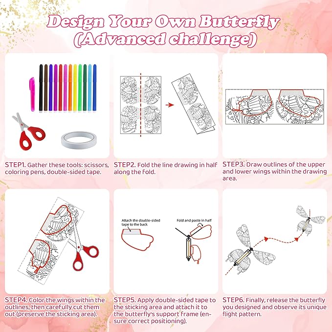 36-Pack DIY Butterfly Craft Kit for Kids - Includes 23 Paper Butterflies and 13 Color Pens, Make Your Own Rubber Band Wind Up Butterfly Toy, Perfect for Party Games, School Activities, Surprise Cards