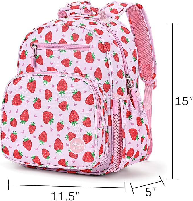 mibasies Girls Backpack 5-8: Lightweight Kids Backpacks for Girls - Girl Bookbag for Elementary School - Strawberry Heart-shaped Pink