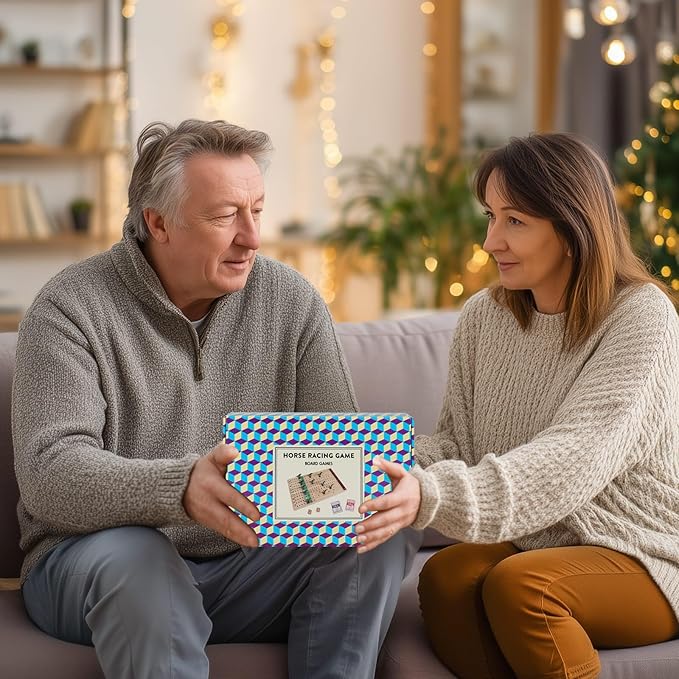 Horse Race Board Game – Thickened Wooden Chessboard with 11 Metal Horses, 2 Dice & 2 Card Decks, Family-Friendly Horse Racing Game for Kids, Adults, Friends & Strategy Game Nights