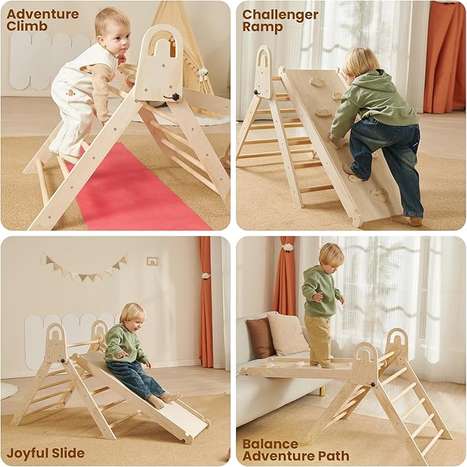 Pikler Triangle Set – 10 in 1 Foldable Montessori Indoor Climbing Toy with Yoga Mat & Cushion | Extra Large Wooden Play Set | Eco-Friendly | Ages 3+
