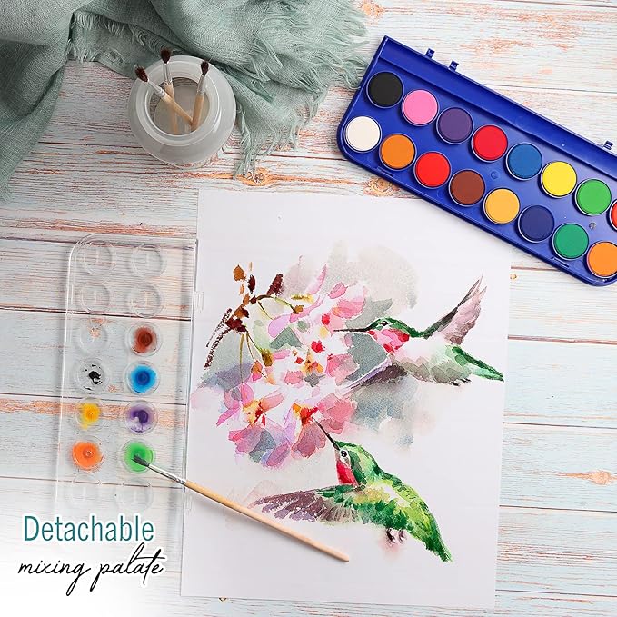 2 Packs of 16 Vivid Colors Washable Watercolor Paint Set Includes Watercolour Mixing Palette and 2 Brushes, Perfect For Artists, Beginner Painters, Kids and Adult Painting