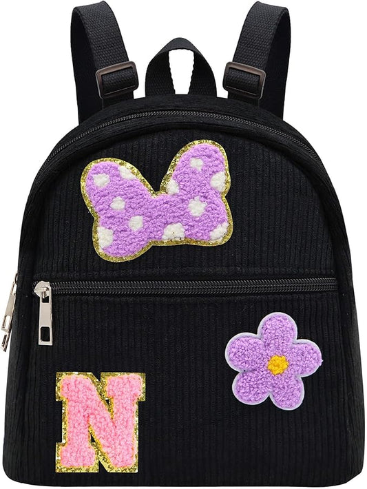 2 3 4 5 6 Year Old Girl Gifts Chenille Initial Mouse Bow Mini Backpack, Corduroy Toddler Backpacks Christmas Birthday Gifts for Girls 2-4 5-6, Black Mini Diaper Bag Must Haves for Park Travel Letter N