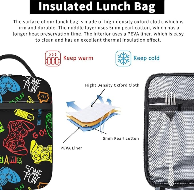 Colorful Video Game Controller Reusable Lunch Box Food Bag Insulated Lunch Bag for Teenage Boys Girls School Beach