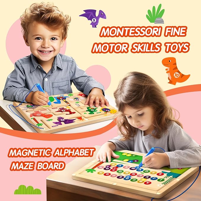 2 in 1 Magnetic Color and Number Maze Double-Sided ABC Alphabet Puzzles Board Magnet Dinosaur Counting Maze Preschool Learning Montessori Education 3 4 5 Years Toys (Multicolored, One Size)