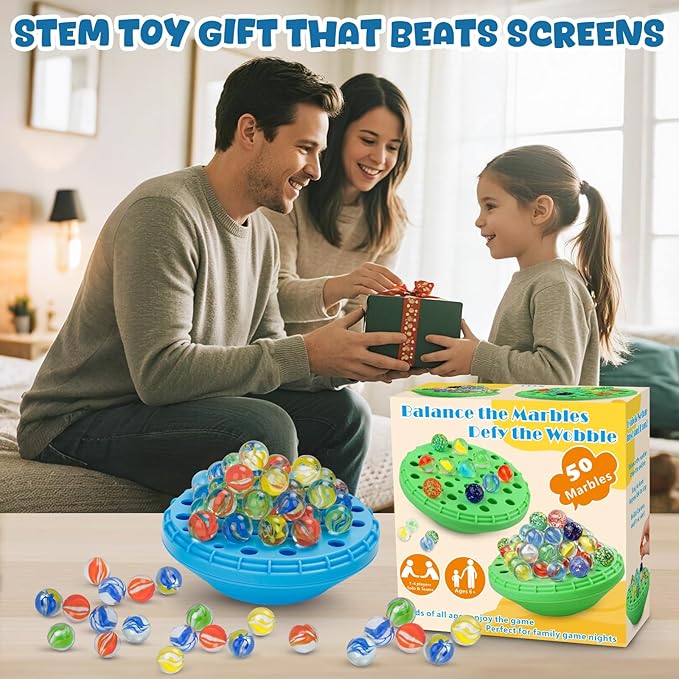 Marble Balance Game, Wobble Marble Stacking Game for Kids 6+, Family Games for Kids and Adults with Built-in Storage, Marbles Board Game for 1-4 Players, Fun Birthday Party Games Toys