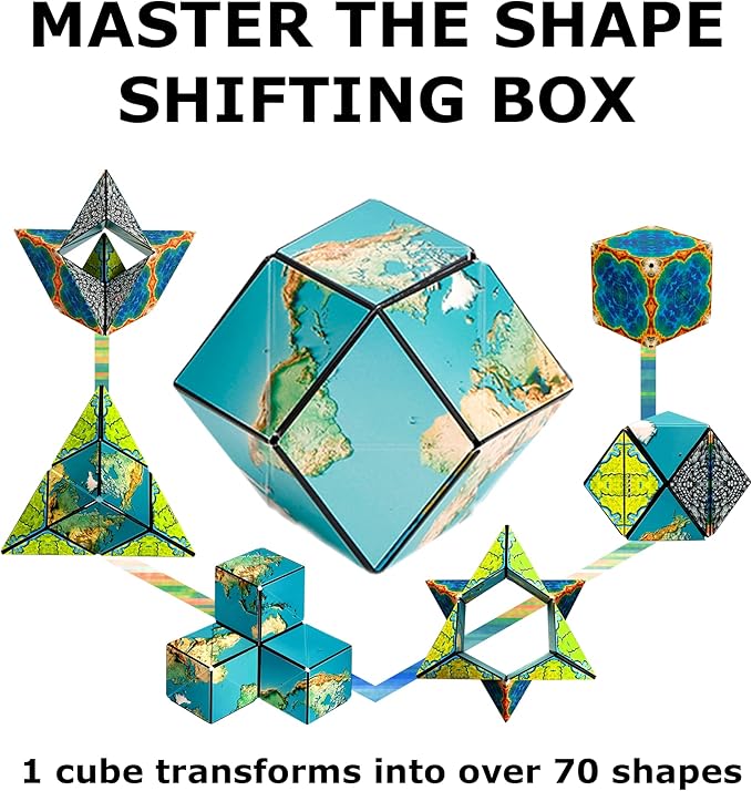 SHASHIBO Shape Shifting Box - Award-Winning Fidget Toy w/ 36 Rare Earth Magnets - Fidget Cube Transforms Into Over 70 Shapes, Sensory Toy Gift for Kids, Teens, and Adults (Earth)