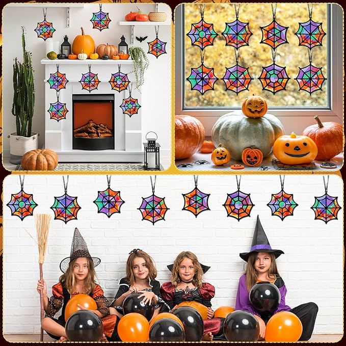 Qyeahkj 36 Set Halloween Spider Web Suncatchers Crafts Kids DIY Hanging Spider Web Tissue Paper Crafts Kit Window Art Ornaments Decor for Halloween School Home Activity Art Project Party Favor Gift