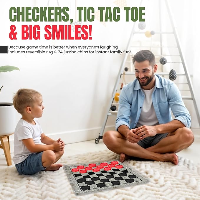 Bolaball 3-in-1 Checkers, Tic Tac Toe Jumbo Game, Reversible Carpet, Indoor Outdoor Yard Board Game for Family and Friends with 24 Chips (Large Checker)