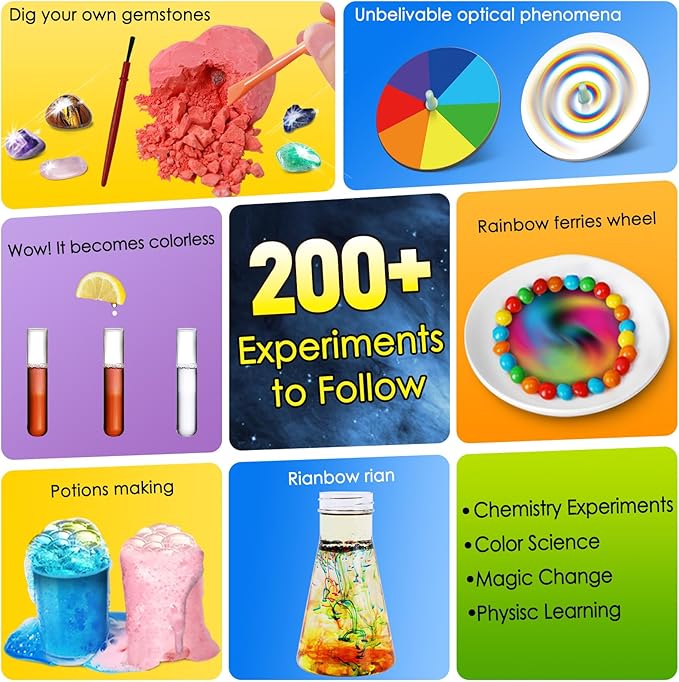 200+ Science Experiments Kit for Kids, Science Project Lab Volcano Toys Birthday Gifts for Boys & Girls, Chemistry Set, Gemstone S.T.E.M Educational Learning Activities