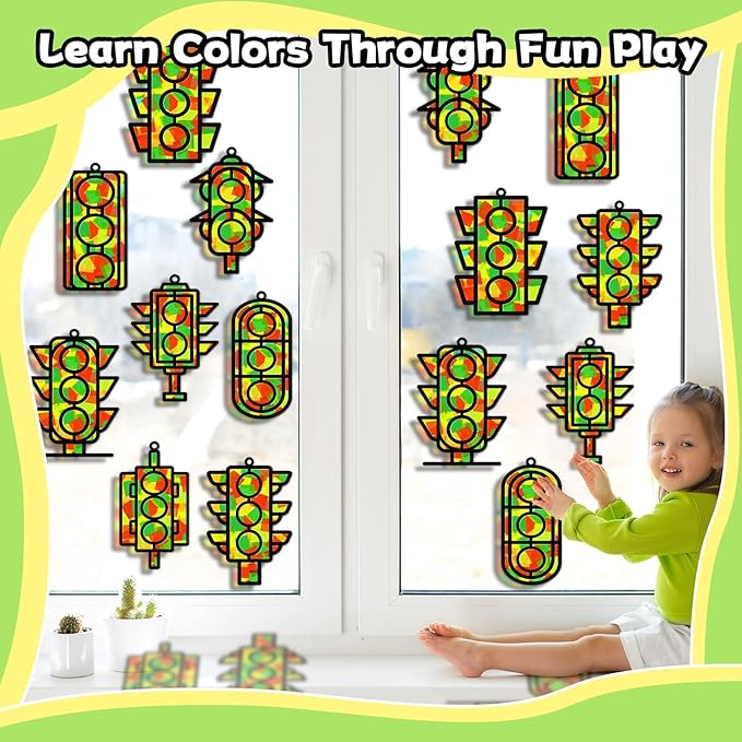 QOUBAI 32 Sets Traffic Light Suncatchers Craft Kit DIY Window Stained Glass Effect Traffic Lamp Paper Crafts Home School Classroom Decoration Kid Birthday Gift Creative Art Project Activity Game