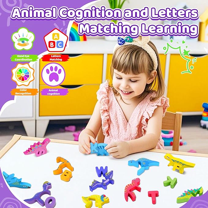 Wooden Toddler Puzzles, Montessori Learning Toys, ABC Alphabet Puzzle for Kids Ages 3-5, Cute Dinosaur Shape Letters Matching Game, Preschool Educational Toys Gift for Girls Boys 3 4 5 Years Old