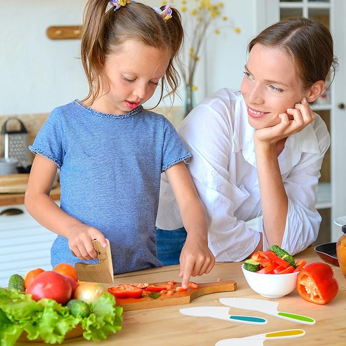 RISICULIS Wooden Kids Cooking Sets Real, Kids Knife Set Include Wood Kids Safe Knife, Serrated Edges Plastic Toddler Knife, Sandwich Cutter, Toddler Kitchen Kids Cooking Gifts for Kids
