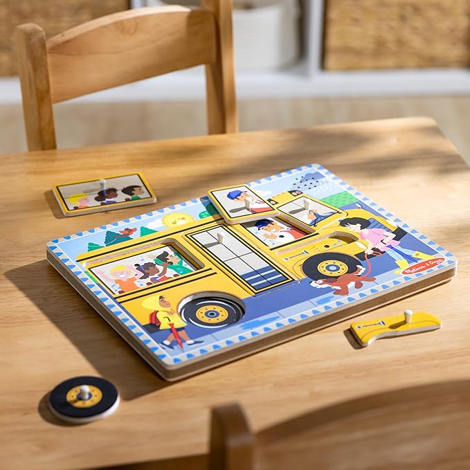 Melissa & Doug The Wheels on The Bus Song Puzzle – 8-Piece Wooden Peg Puzzle with Light-Activated Sounds, Music Learning Toy for Toddlers and Preschoolers Ages 2+