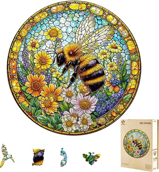 Wooden Puzzles for Adults, Wooden Jigsaw Puzzles for Adults Kids, Bee Spring Unique Shaped Wood Puzzles Adult, Creative Birthday Gifts for Friends Family Game, Home Decor (8.5 * 8.5in 100pcs)