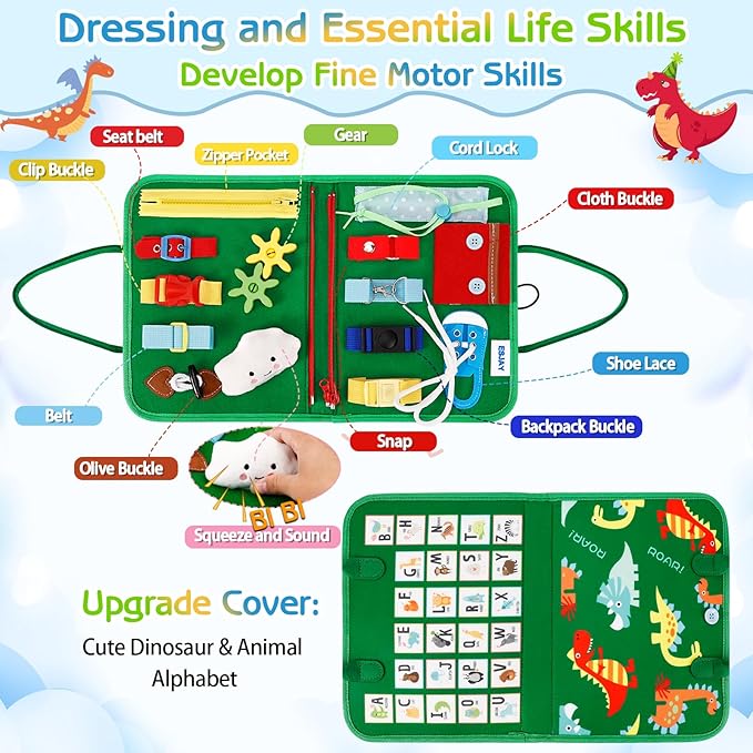 Esjay Toddler Busy Board Montessori Toys for Boys and Girls, Sensory Board Educational Activities for Learning Fine Motor Skills, Birthday Gifts Toddlers, Travel Toys for Airplane Car, Green Dinosaur