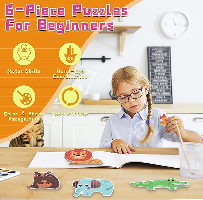 FLYINGSEEDS 6 Packs Wooden Jigsaw Puzzles for Toddlers, Wildlife Animals Shaped Puzzles for Beginners Ages 1-3, Montessori Learning Toys Preschool Educational Activity for Kids Ages 2-5