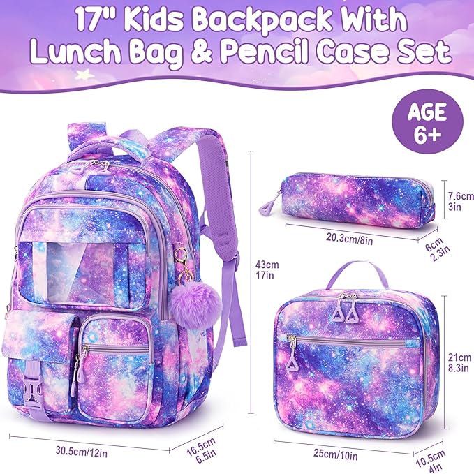 Fimibuke Girls Backpack with Lunch Box & Pencil Bag - Waterproof Kids Backpack for Ages 6+ Elementary Middle School Teens, Roomy Interior & Multi-Pocket