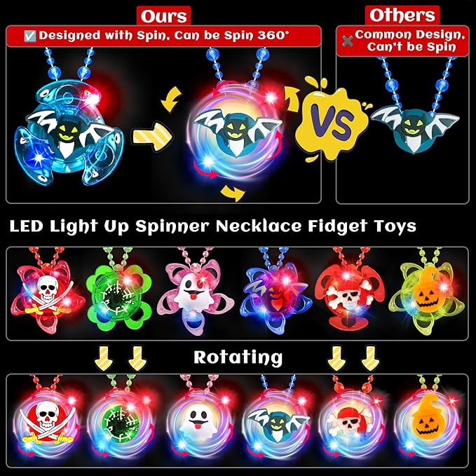 100 PCS Halloween Party Favors for Kids, Glow in The Dark Toys Bulk Halloween Light Up Rotating Necklaces LED Ring Temporary Tattoos Halloween Treats Classroom Prizes Goodie Bag Fillers Trick or Treat