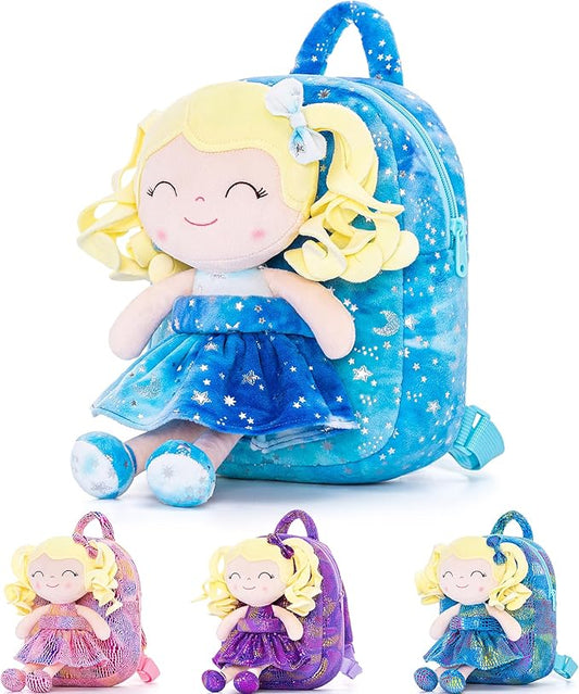 Gloveleya Toddler Backpack Baby Girl Gifts Plush Curly Girl Doll Backpacks Blue Dress with Glitter Stars 9 inches