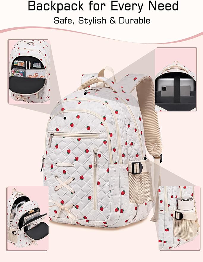 Cute Strawberry Print Backpack with Lunch Box and Pencil Case for Girls Teens Kids for Age 8-10 10-12 12-14 Kawaii Backpack for Elementary Middle High School Bookbag Mochila Para Niñas