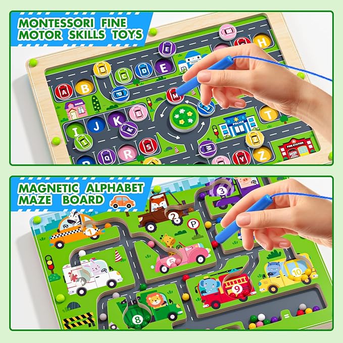 2 in 1 Magnetic Color and Number Maze Double-Sided ABC Alphabet Puzzles Board Magnet Dinosaur Counting Maze Preschool Learning Montessori Education 3 4 5 Years Toys (Car, One Size)