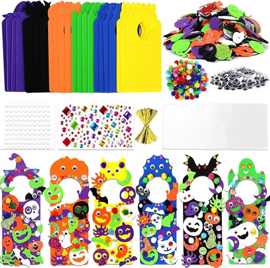 24 Set Halloween Craft Kits, DIY Halloween Doorknob Hanger Decorations Fall Arts & Crafts Supplies, Halloween Pumpkin Bat Ghost Monster Foam Stickers for Classroom Party Favors Activities