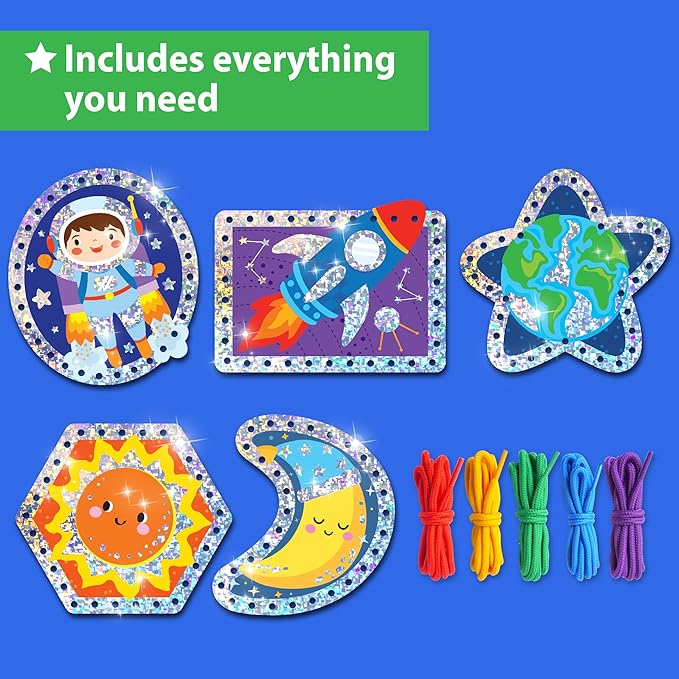 EZCRA Lacing Cards for Kids Ages 3-5 - 5 Pcs Space Theme with Colorful Laces - Craft Kit for Kids DIY Activity Set - Fine Motor Skills Toys and Preschool Learning Activities