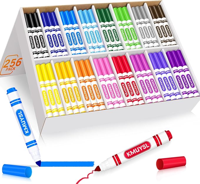 KMUYSL Washable Markers Bulk, Assorted Colors - Broad Line Conical Tip Coloring Markers for Kids, School Art Supplies & Back to School Supplies, Teacher Classroom Must Haves (16 Colors, 256 Pcs)