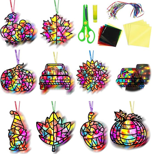 EggSun 36 Sets Fall Thanksgiving Suncatchers Craft Kit for Kids Ornaments Stained Glass Window Arts and Crafts Kit for Classroom Holiday Projects Home Party Favors Decorations Ages 4 8 12