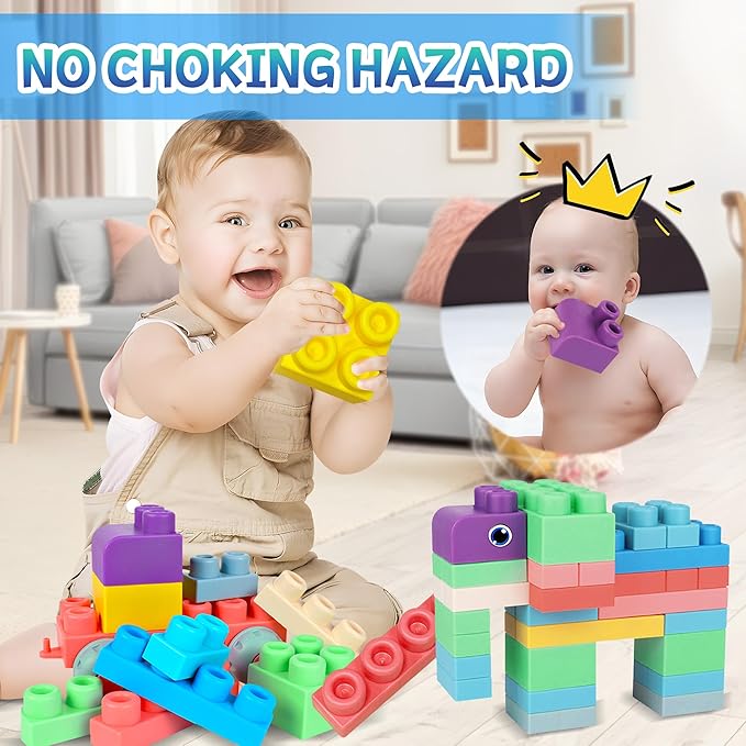 80PCS Baby Blocks Set with Storage Bucket, Blocks for Babies 6 Months and Up STEM Educational Toddler Gifts, Rubber Soft Blocks Big Building Blocks Sensory Stacking Toys