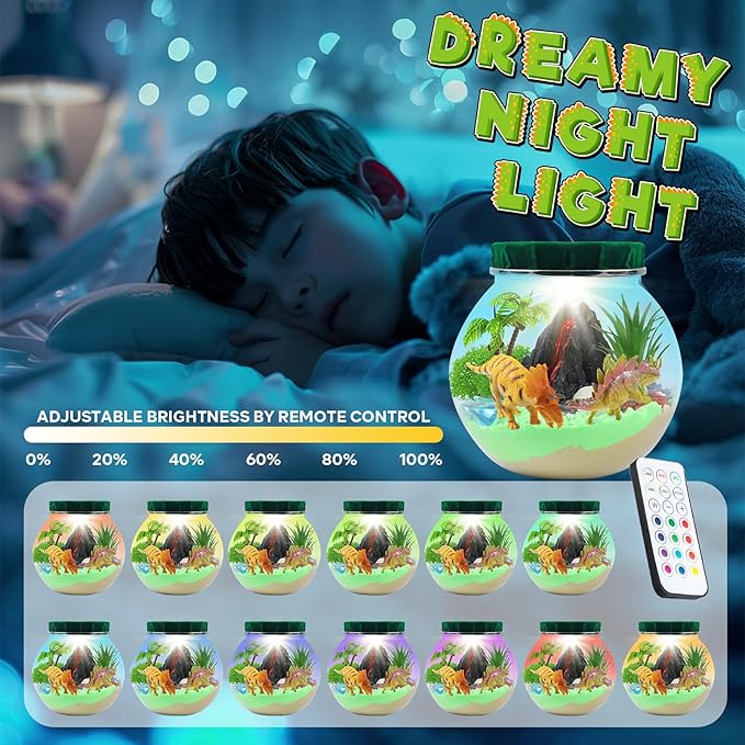 Dinosaur Light-Up Terrarium Kit for Kids Dinosaur Painting Arts and Night Light Crafts Kits for Kids- Birthday Gift for Boys Age 6+Year Old