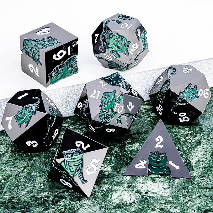 Metal DND Cat Dice 7PCS Polyhedral RPG Dice Set with Gift Case for Dungeons Dragons Role Playing Game, D and D Dice D6 D8 D10 D12 D20 D% (Green Black)