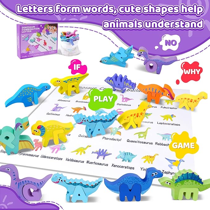 Wooden Toddler Puzzles, Montessori Learning Toys, ABC Alphabet Puzzle for Kids Ages 3-5, Cute Dinosaur Shape Letters Matching Game, Preschool Educational Toys Gift for Girls Boys 3 4 5 Years Old
